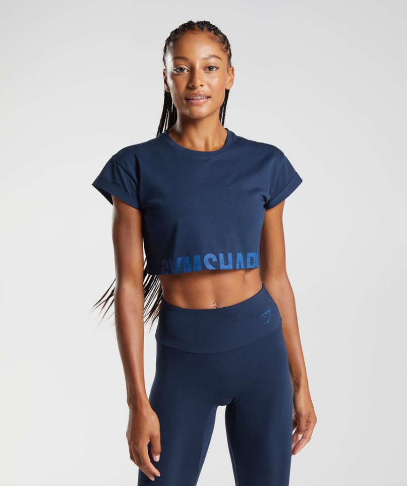 Women\'s Gymshark Fraction Cropped Tops Navy | CA D06758